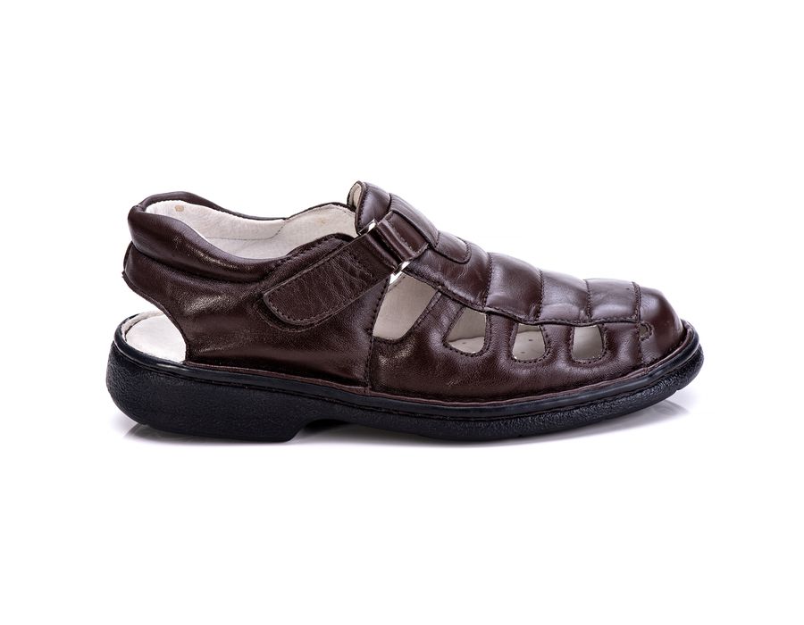 Sandália Masculina Bico Fechado Total Comfort Couro de Carneiro Café com Palmilha de Gel Antiestresse