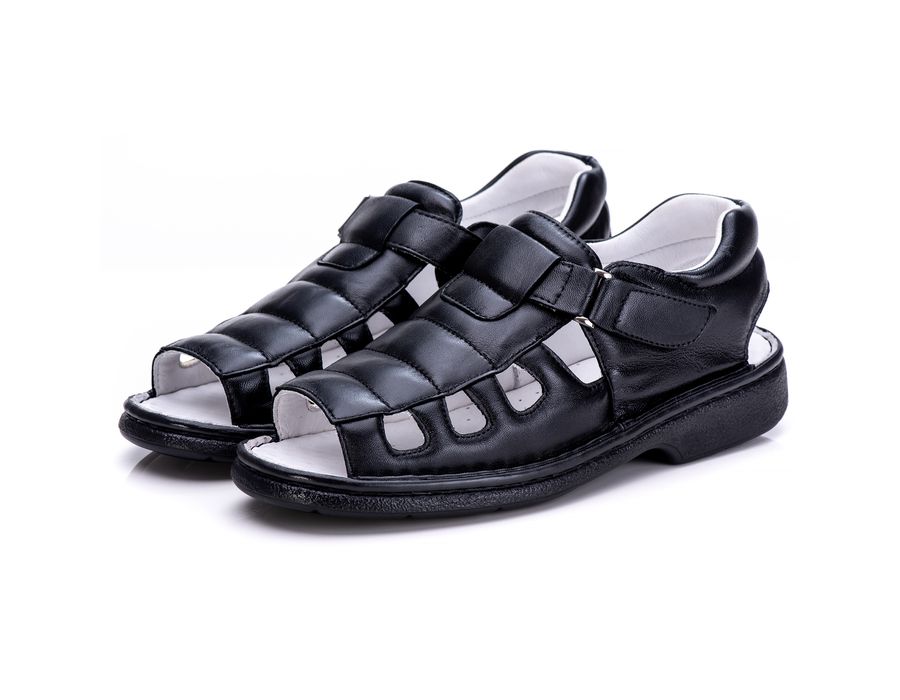 Sandália Masculina Bico Aberto Total Comfort Couro de Carneiro Preto com Palmilha de Gel Antiestresse
