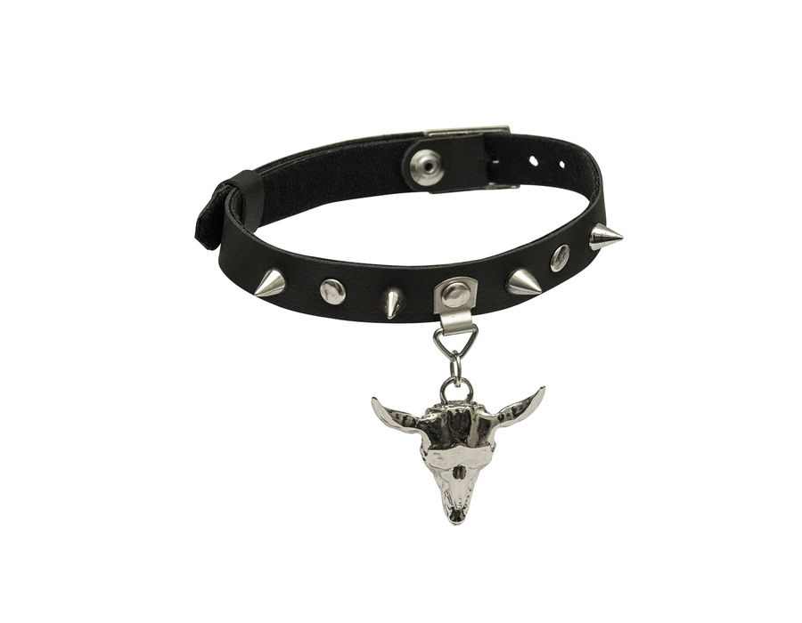 Choker Gargantilha com Pingente de Cranio e Spike Prateadas
