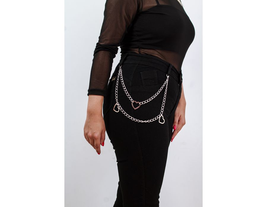 Acessório Corrente Dupla com Três Corações Prateadas para Calça/Saia