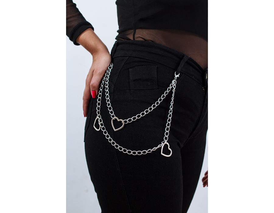 Acessório Corrente Dupla com Três Corações Prateadas para Calça/Saia