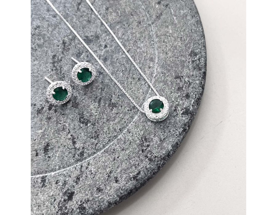 Conjunto Redondo Cravejado Verde Prata 925 - 4040 - MEDALS STORE