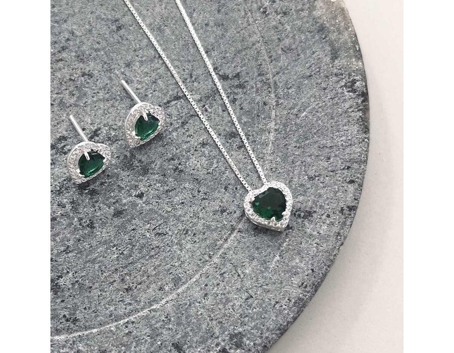 Conjunto Coração Cravejado Verde Prata 925 - 4044 - MEDALS STORE