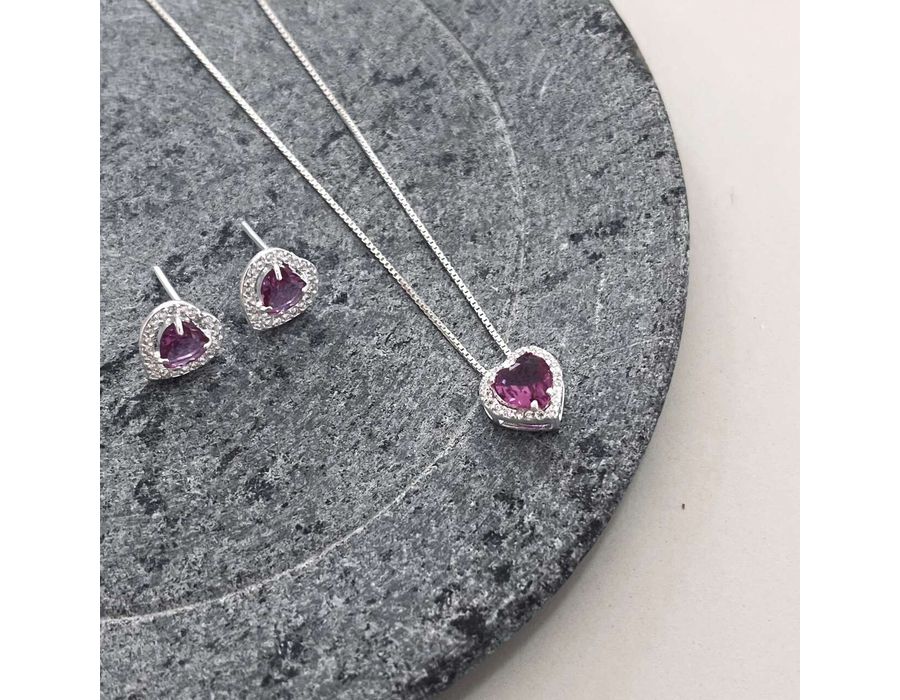 Conjunto Coração Cravejado Roxo Prata 925 - 4047 - MEDALS STORE