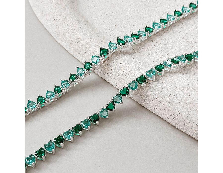 Colar Riviera Corações Verdes Prata 925 - 8241 - MEDALS