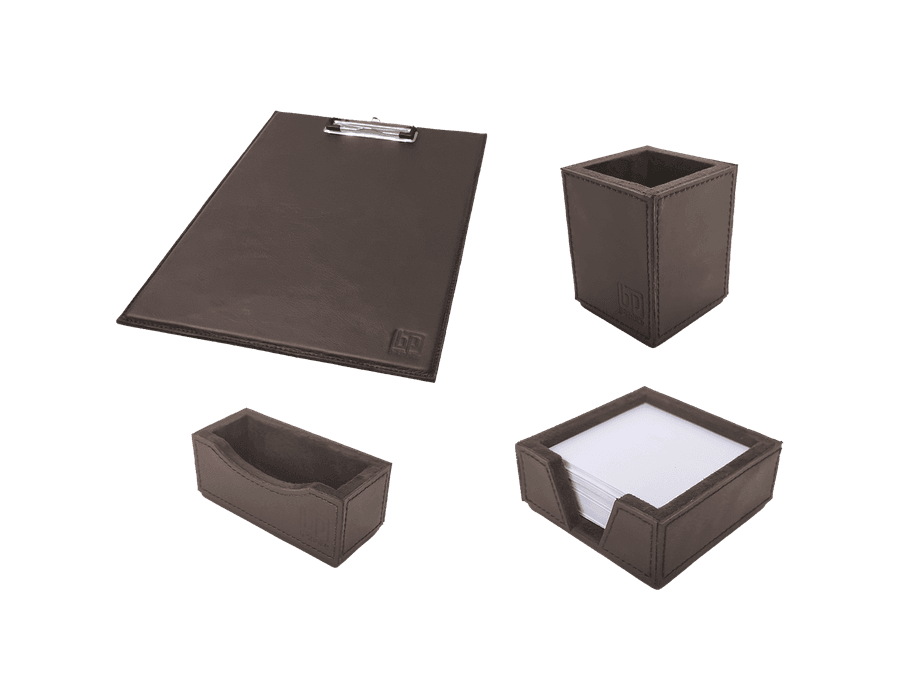 Kit 4 WorkSpace TABACO Prancheta A4, Porta Lápis, Porta Rascunho, Porta Cartão de Visitas - COURO LEGÍTIMO