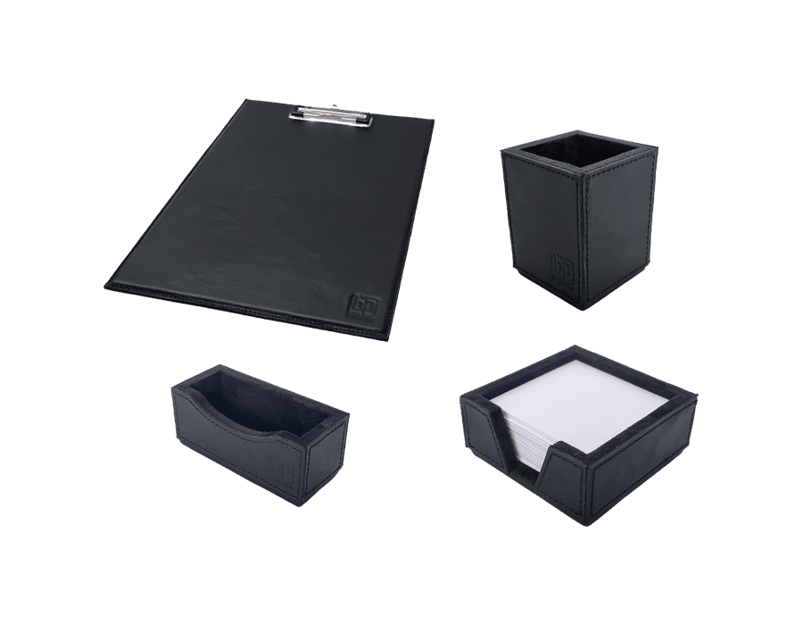 Kit 4 WorkSpace PRETO Prancheta A4, Porta Lápis, Porta Rascunho, Porta Cartão de Visitas - COURO LEGÍTIMO