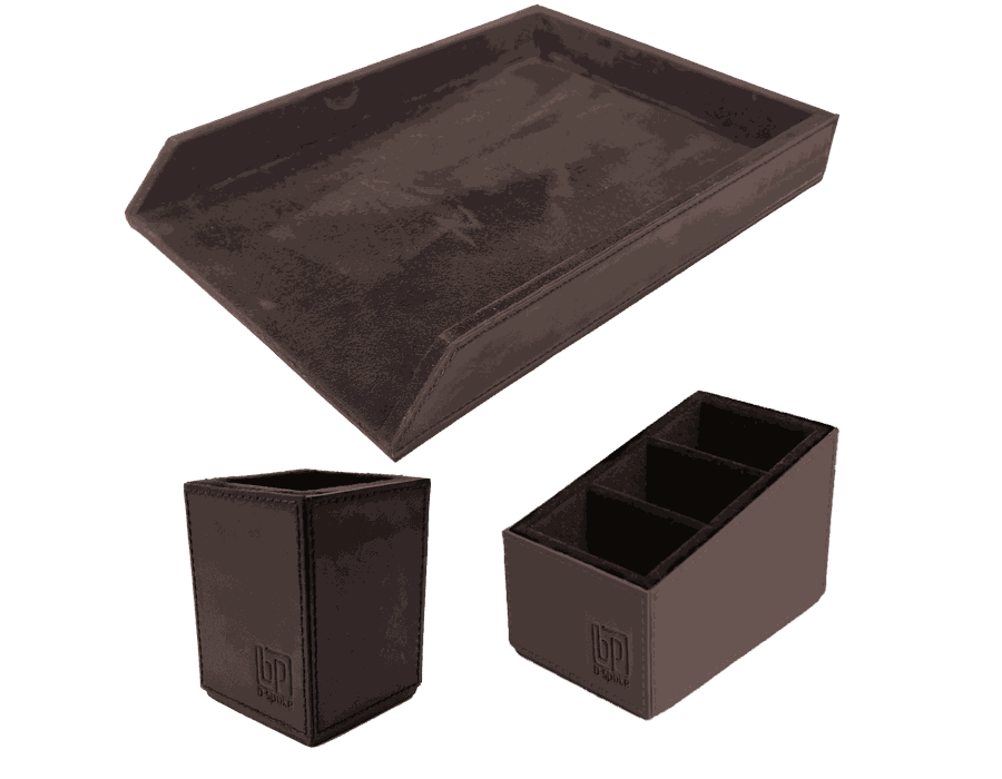 Kit 5 WorkSpace TABACO - Porta Papel A4, Porta Lápis, Porta Controle Remoto - COURO LEGÍTIMO