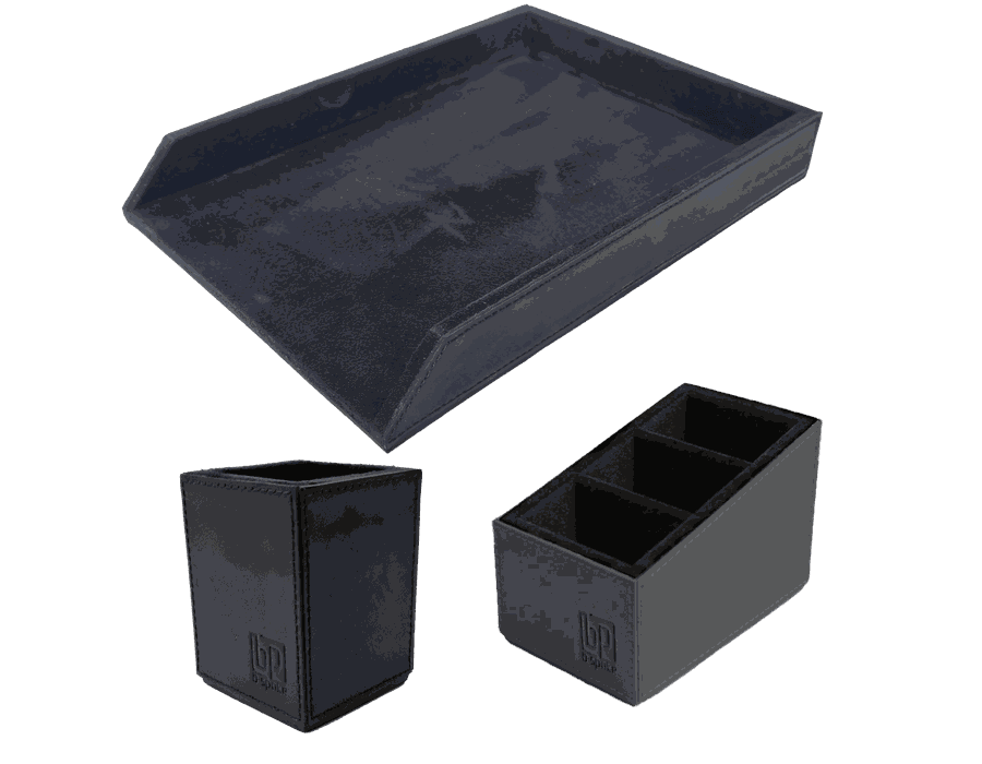 Kit 5 WorkSpace PRETO - Porta Papel A4, Porta Lápis, Porta Controle Remoto - COURO LEGÍTIMO