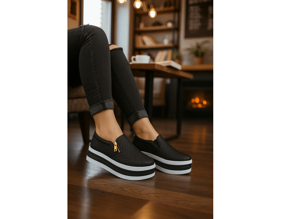 Slip On Feminino Ziper Lateral Couro legitimo Preto