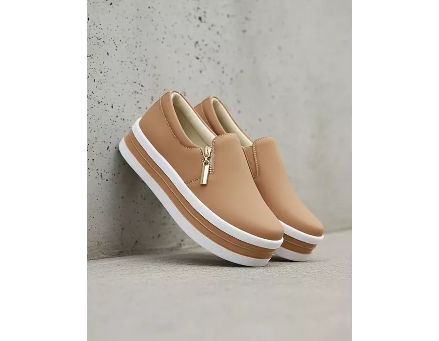 Tênis Feminino Slip On Zíper Sola Alta DK Caramelo 