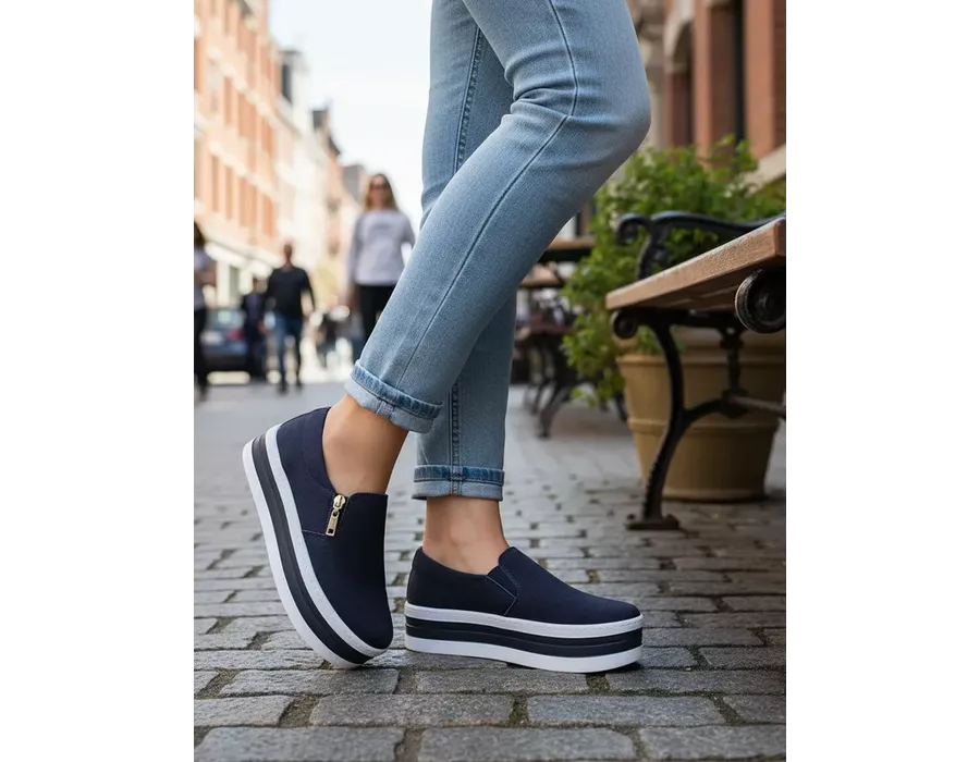 Tênis Feminino Slip On Zíper Sola Alta DK Preto