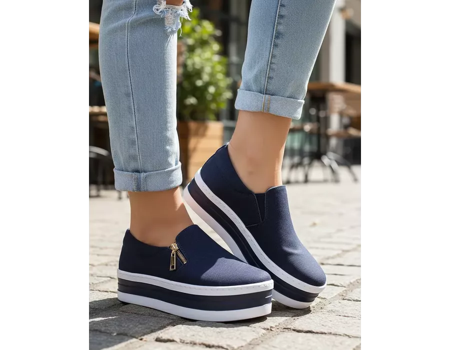 Tênis Feminino Slip On Zíper Sola Alta DK Preto
