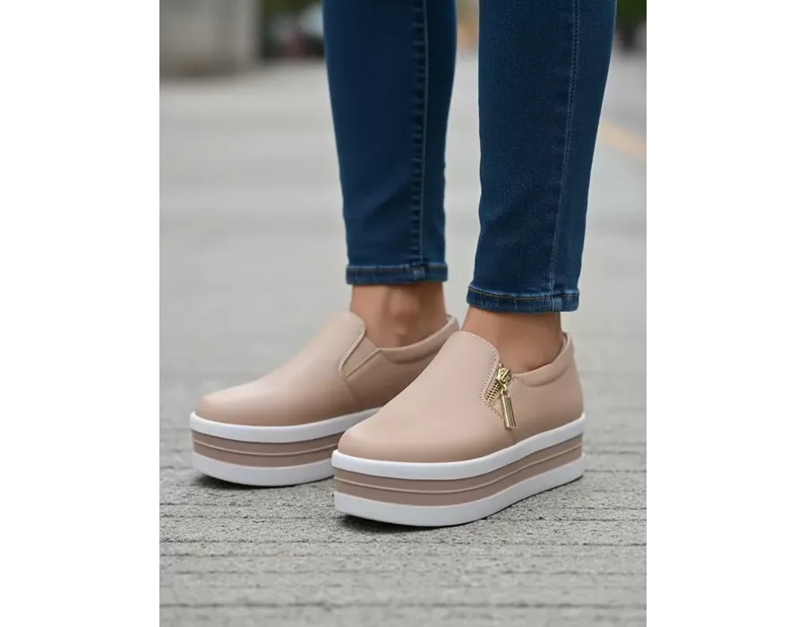 Tênis Feminino Slip On Zíper Sola Alta DK Rosê