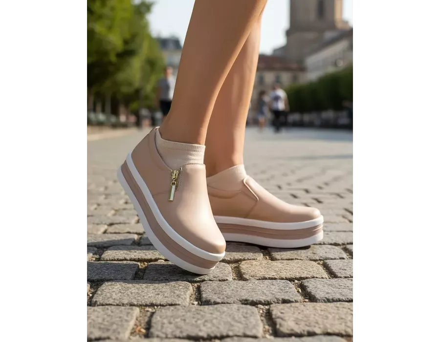 Tênis Feminino Slip On Zíper Sola Alta DK Rosê