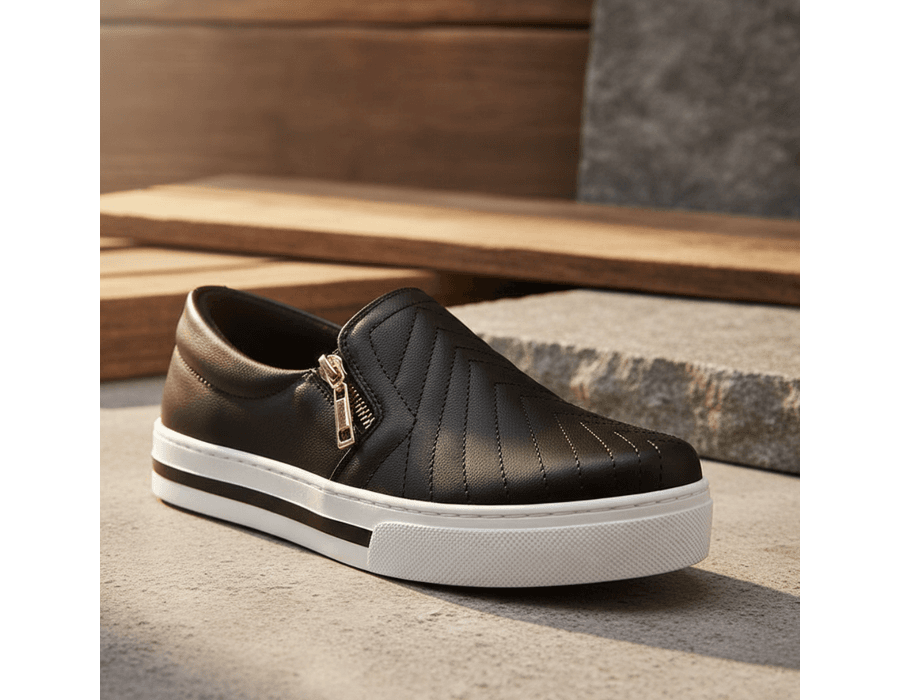 Tênis Slip On Zíper Iate Costura Frontal Calce Fácil Confortável Dk Shoes Preto