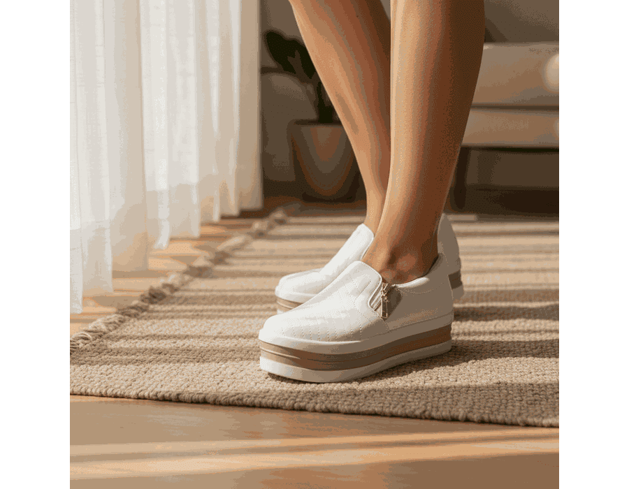 Tênis Slip On Fecho em Zíper Branco Rose Sola Alta Confortável