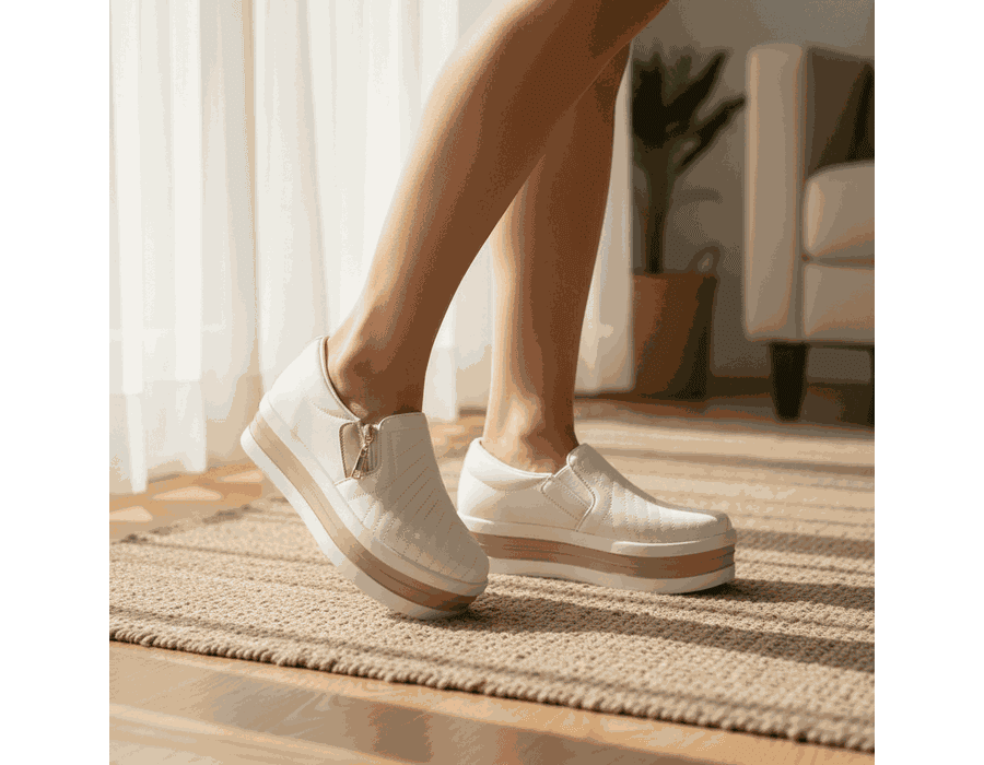 Tênis Slip On Fecho em Zíper Branco Rose Sola Alta Confortável