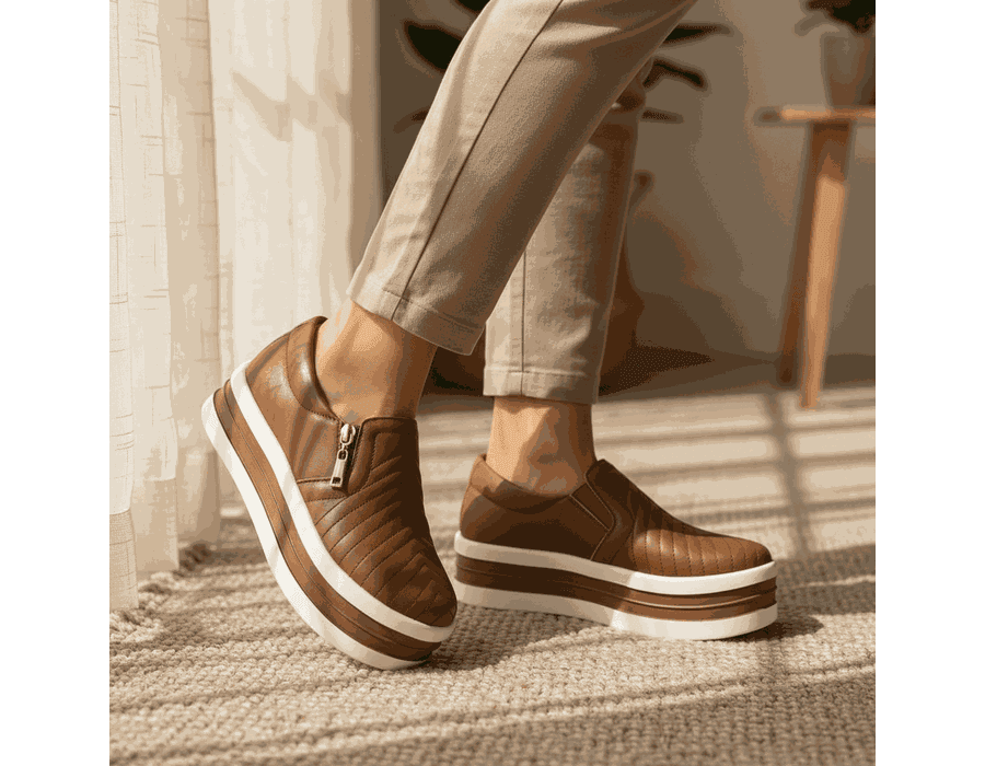 Tênis Zíper Slip Calce Facil Caramelo Detalhes Costura Frontal 