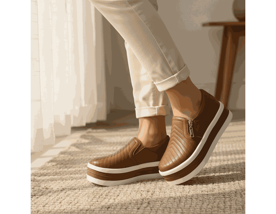 Tênis Zíper Slip Calce Facil Caramelo Detalhes Costura Frontal 