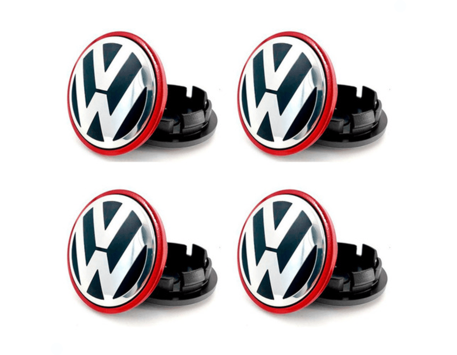 Kit 4 Calotinhas Centro de Roda VW Jetta/Amarok – Com Borda Vermelha + Estilo Esportivo Premium