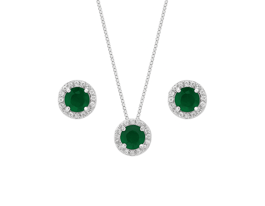 Conjunto Redondo Cravejado Verde Prata 925 - 4040 - MEDALS STORE