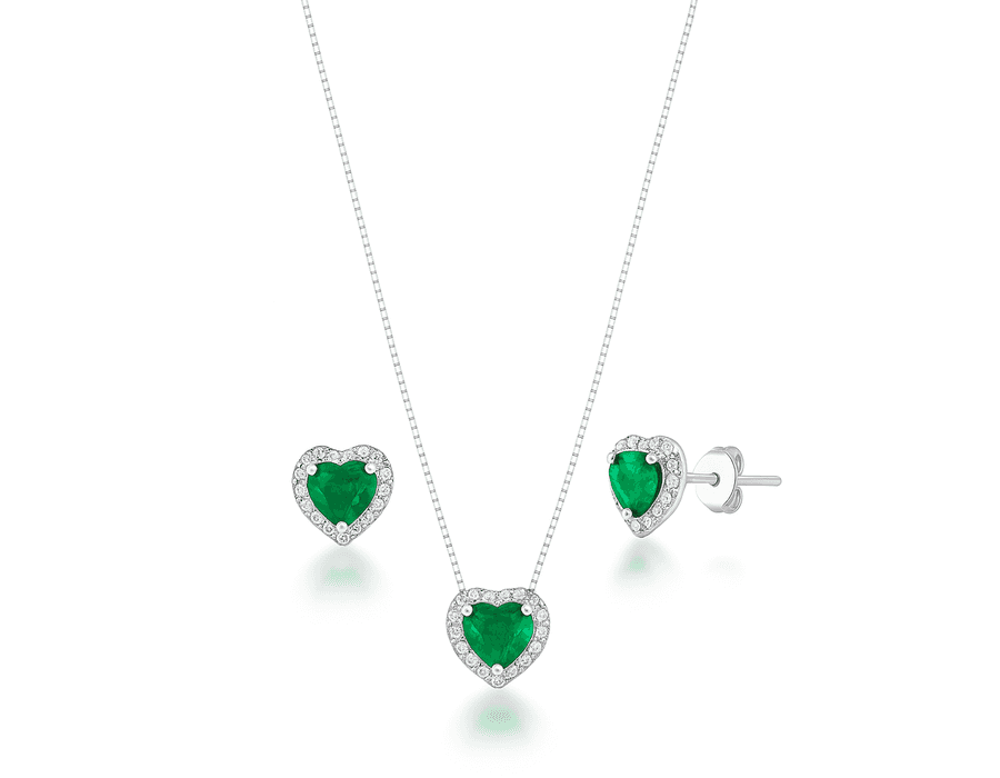 Conjunto Coração Cravejado Verde Prata 925 - 4044 - MEDALS STORE