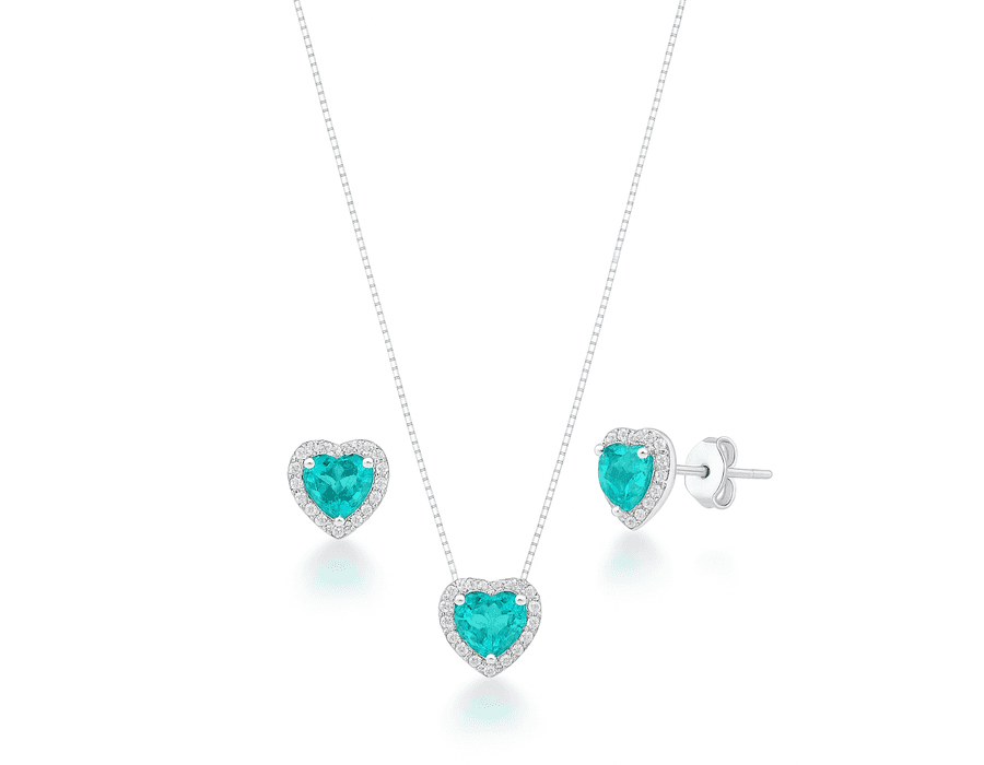 Conjunto Coração Cravejado Turmalina Prata 925 - 4... - MEDALS STORE