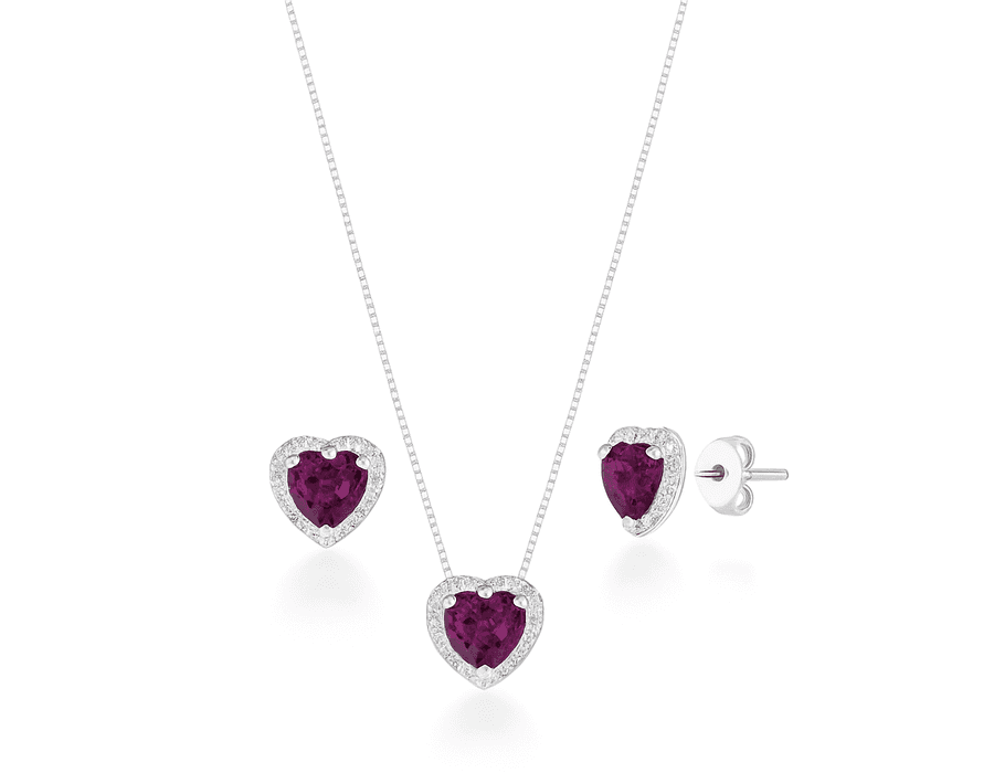 Conjunto Coração Cravejado Roxo Prata 925 - 4047 - MEDALS STORE