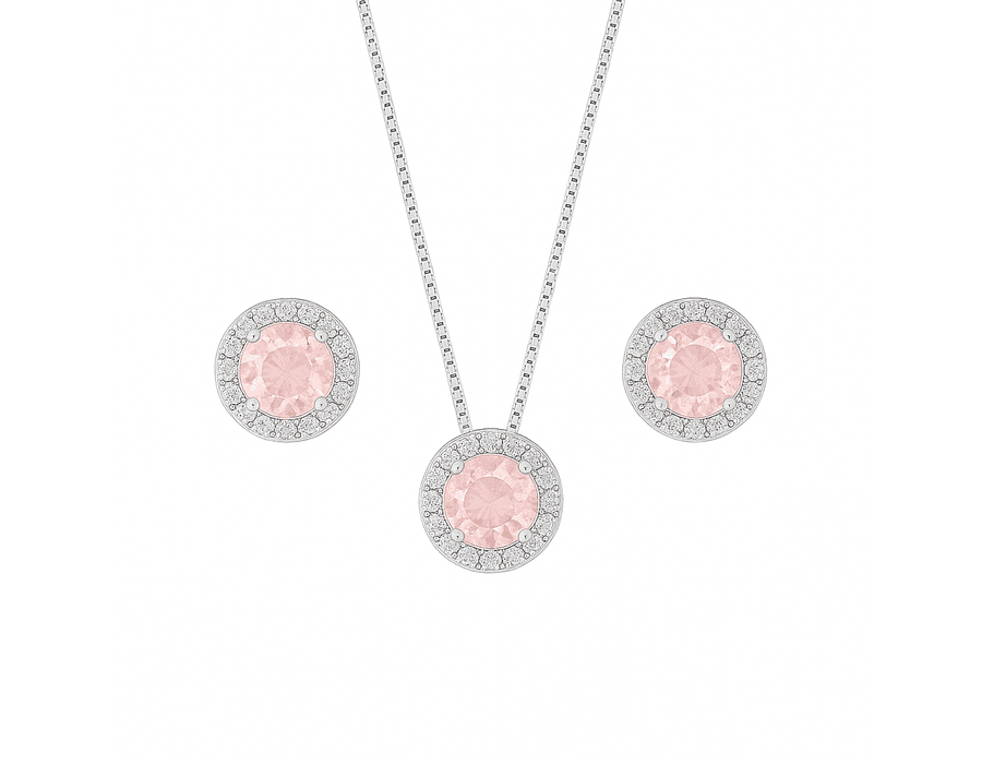 Conjunto Redondo Cravejado Rosa Prata 925 - 4041 - MEDALS STORE