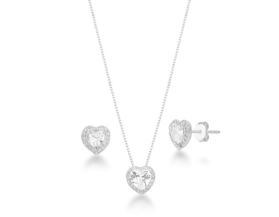 Conjunto Coração Cravejado Cristal Prata 925 - 404... - MEDALS STORE