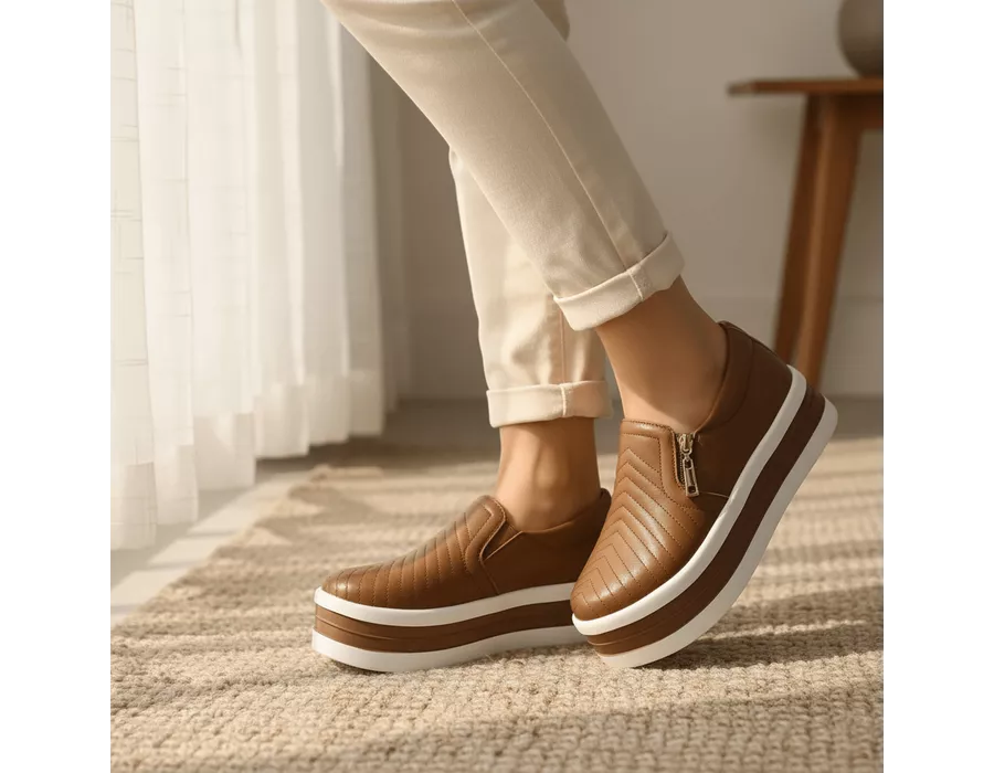 Tênis Zíper Slip Calce Facil Caramelo Detalhes Costura Frontal