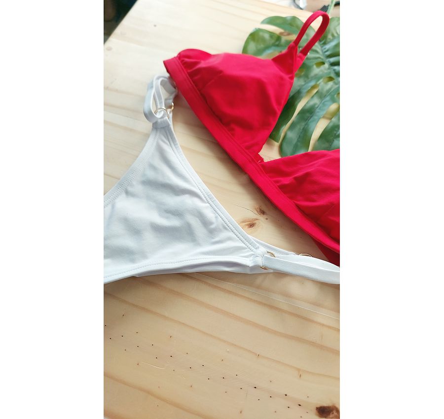 Biquini Fio Dental Calcinha Branca Top Fixo Vermelho 551