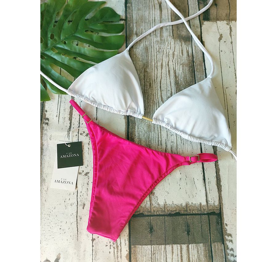 Biquini Top Branco e Calcinha Pink 490