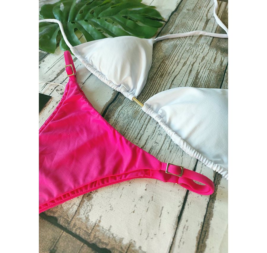Biquini Top Branco e Calcinha Pink 490