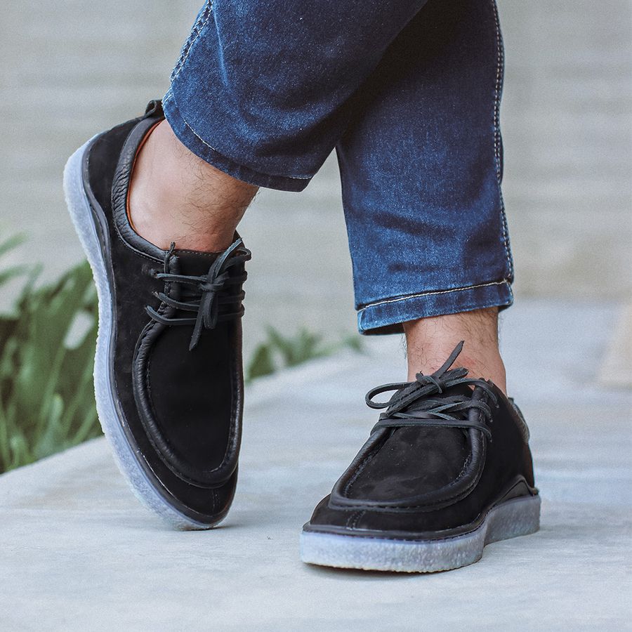 Sapato Casual Couro Legítimo Nobuck Preto Sola Transparente Forro de Couro