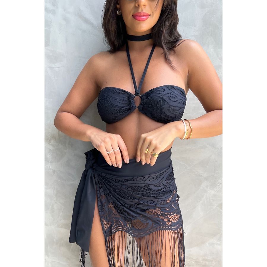 Biquíni Maré Mística Kit Saia + Biquini Tqc Cintura Alta Renda Preto