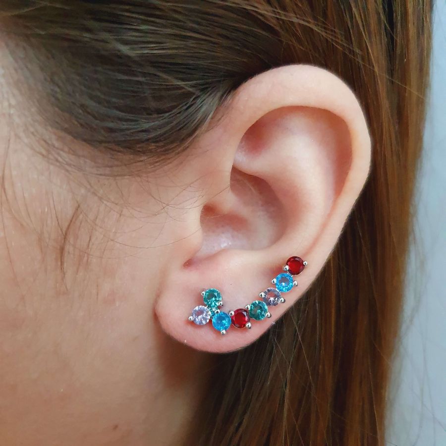 Brinco Ear Cuff Zircônia Prata Colorido