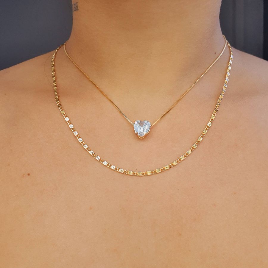 Colar Duplo Folheado A Ouro 18K Detalhado Coração 