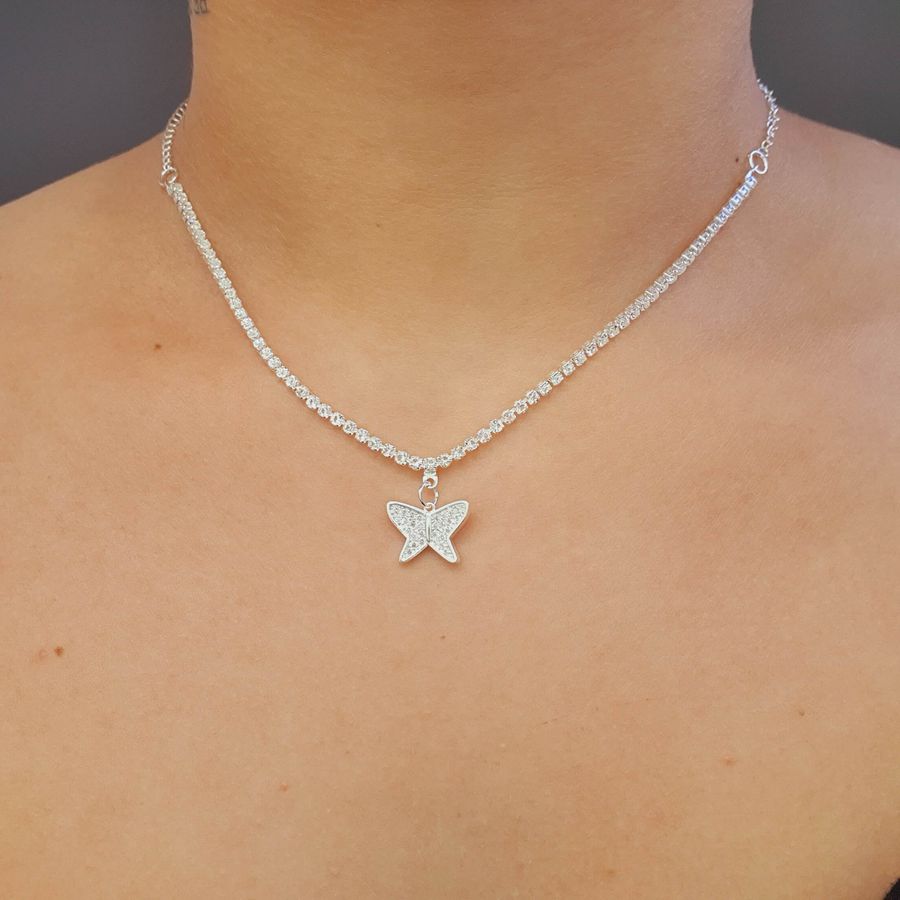 Colar Folheado A Prata 925 Com Zircônia Borboleta 