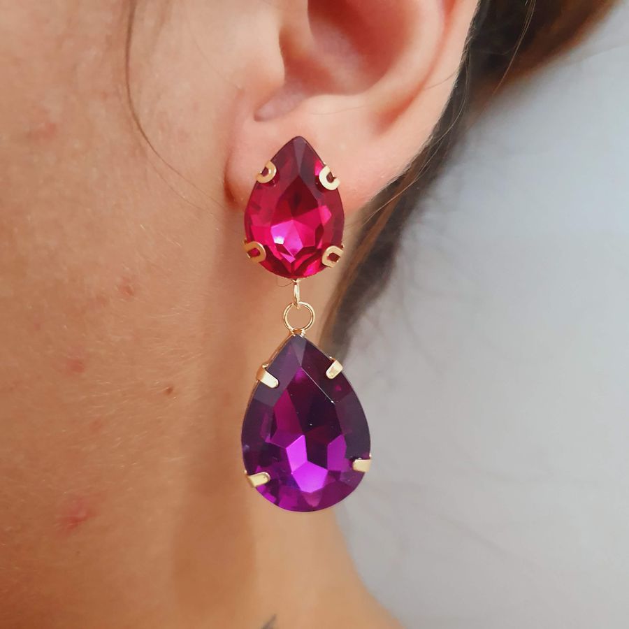 Brinco Pedraria Folheado a Ouro 18K Rosa e Lilás 