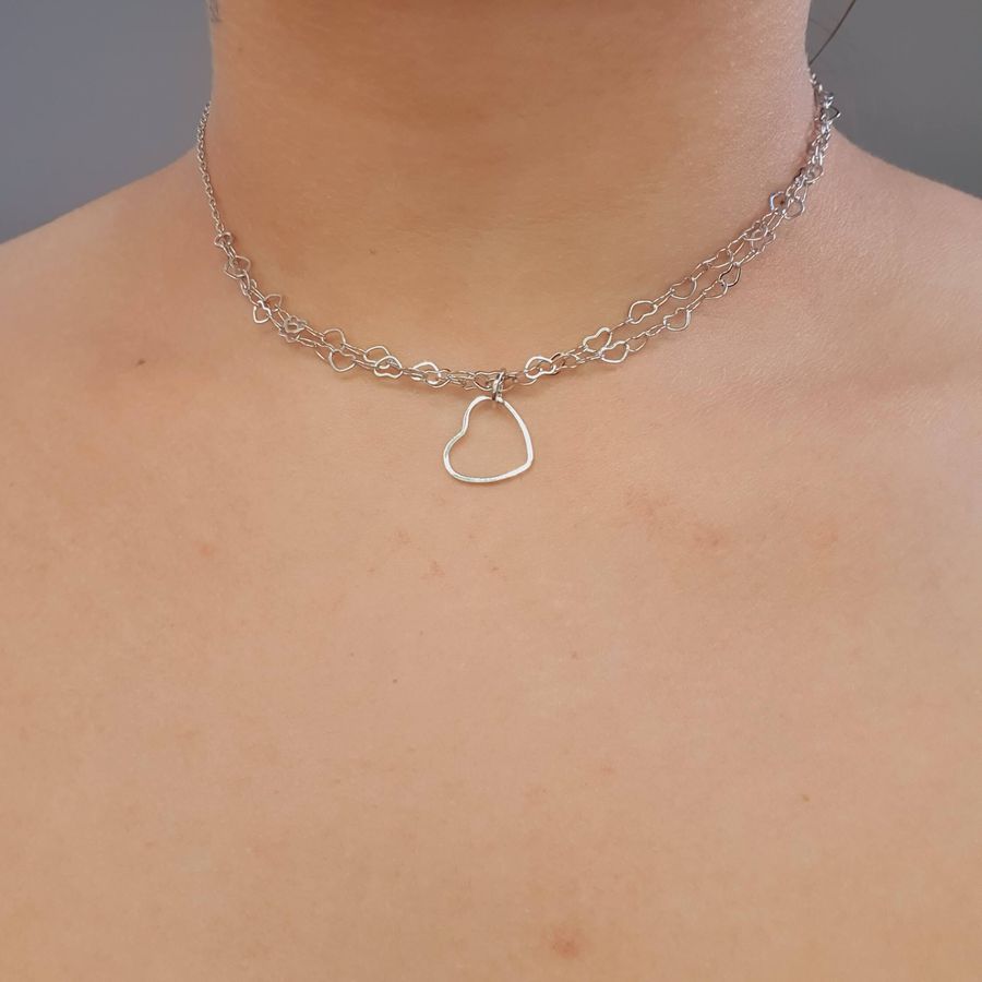 Colar Choker Folheado A Prata 925 Coração 