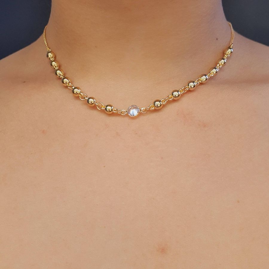 Colar Choker Folheado A Ouro 18K Esferas e Ponto De Luz 