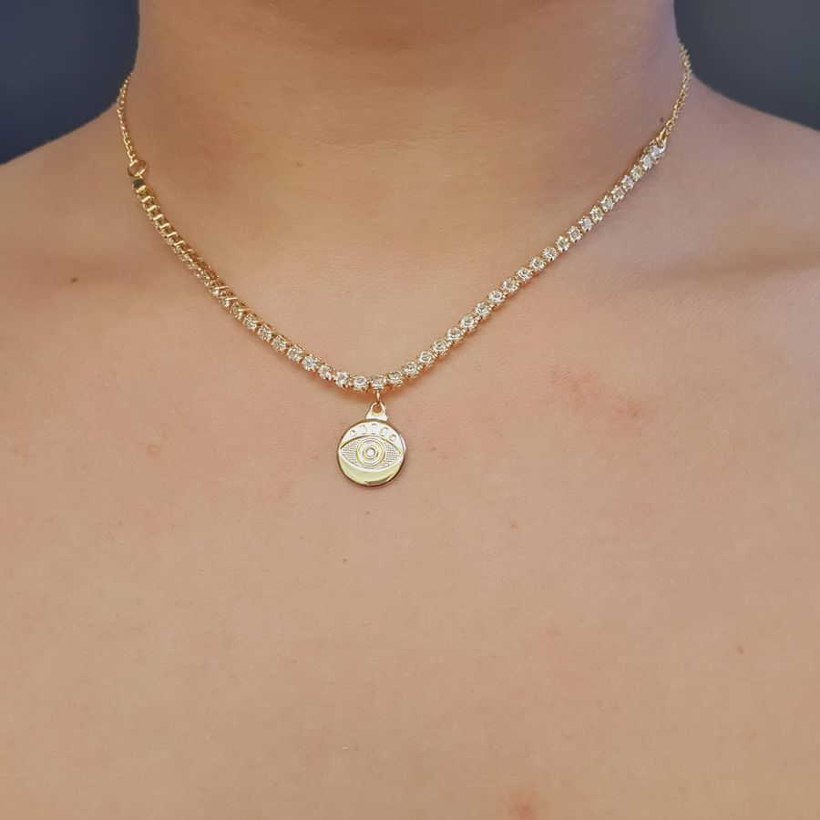 Colar Choker Folheado A Ouro 18K Zircônia Olho Grego 