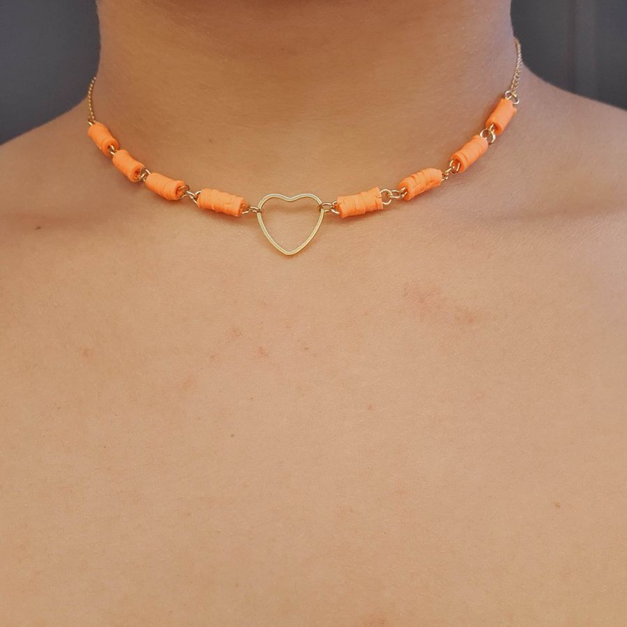 Colar Choker Folheado A Ouro 18K Coração Laranja 