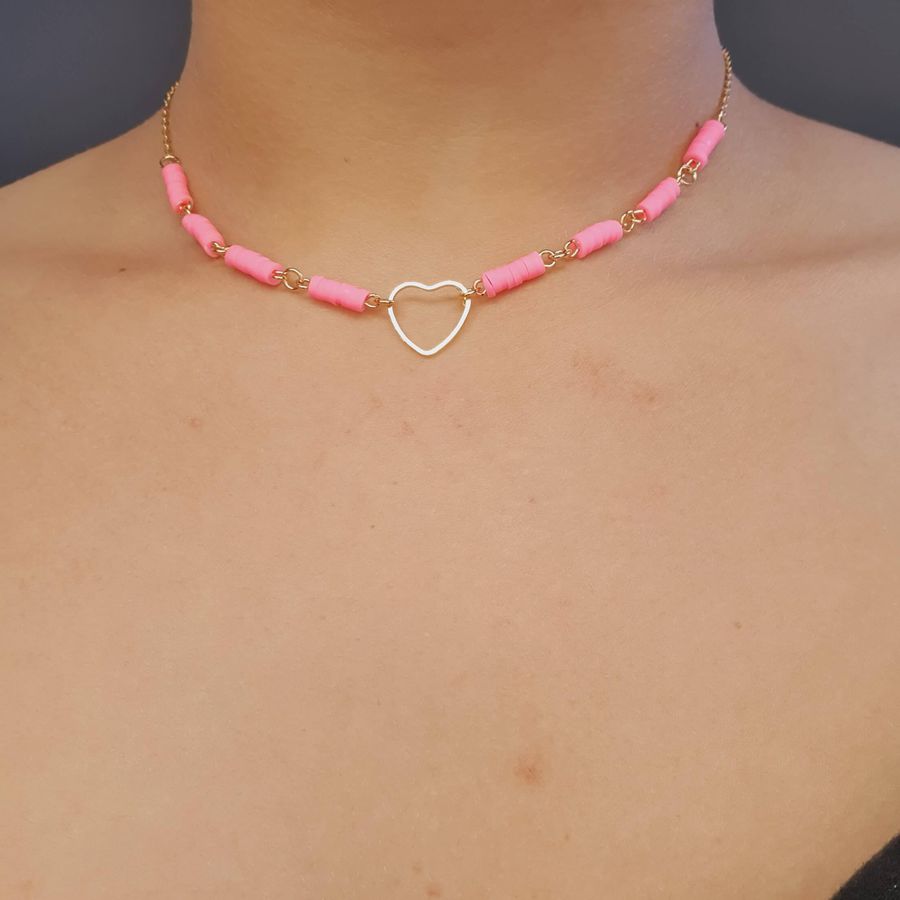 Colar Choker Folheado A Ouro 18K Coração Rosa 