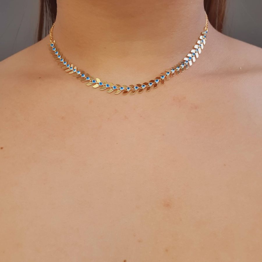 Colar Choker Folheado A Ouro 18K Escamas Com Olho Grego 