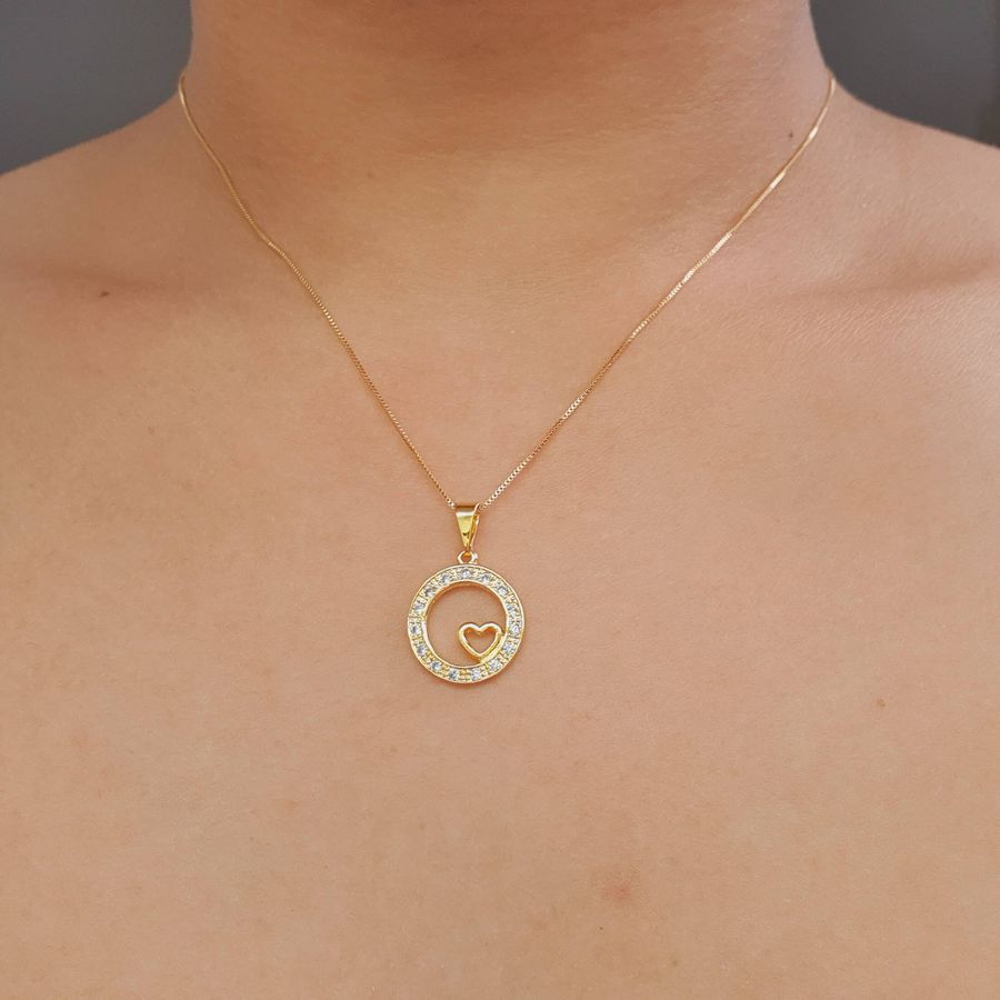 Colar Folheado A Ouro 18K Com Zircônia Coração Branco