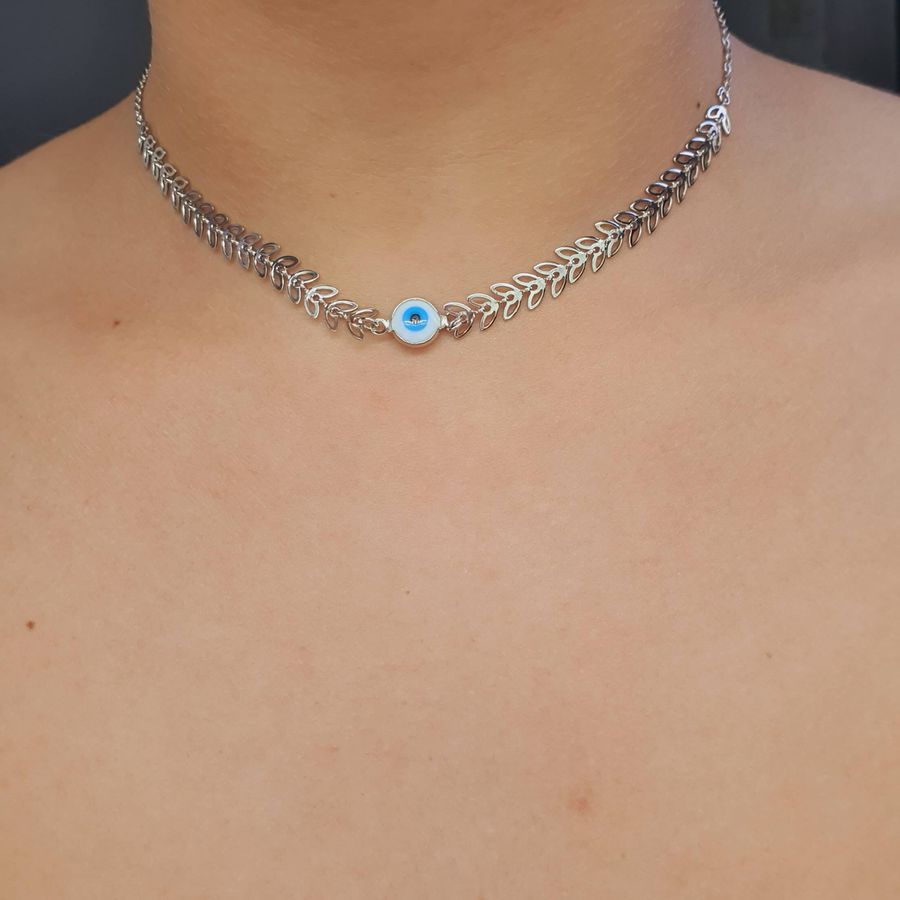 Colar Choker Folheado A Prata 925 Ramos e Olho Grego 