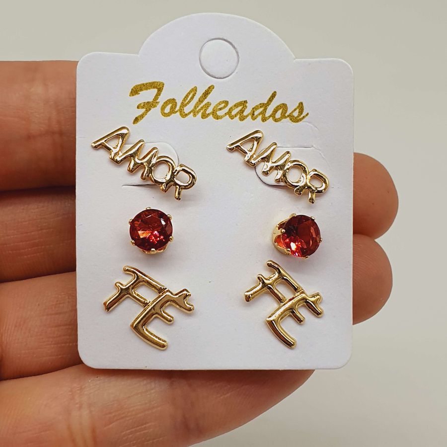 Kit De Brincos Folheados a Ouro 18K Fé e Amor 